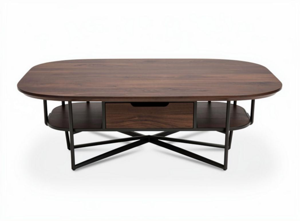 Wooden coffee table with storage drawer and metal frame 120 x 80 x 40cm