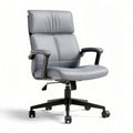 Gray leather office chair with adjustable height and ergonomic design