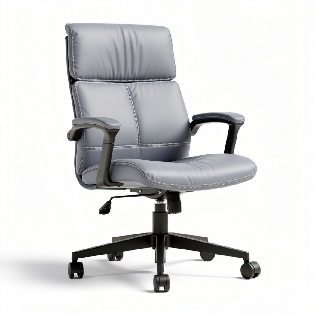 Gray leather office chair with adjustable height and ergonomic design