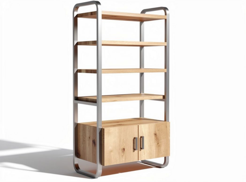 Wooden bookshelf with metal frame and storage cabinet 150 x 80 x 200cm