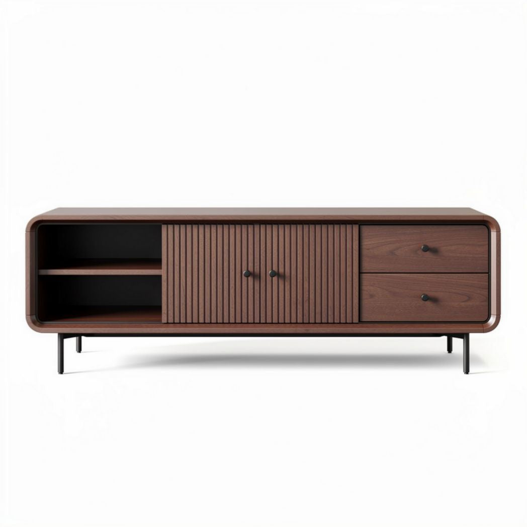 Mid-century modern wooden TV stand with storage shelves and drawers