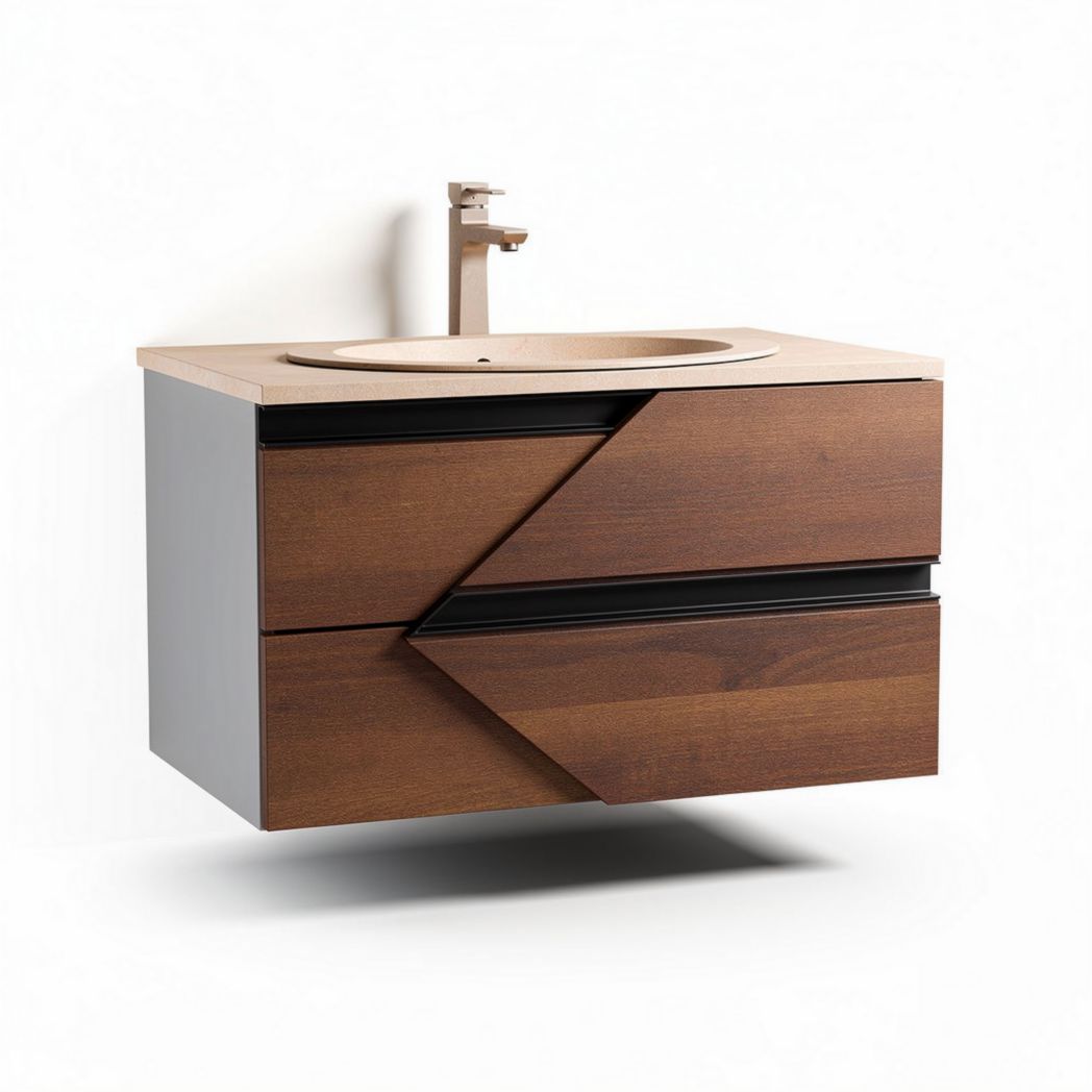 Wall-mounted bathroom vanity cabinet in walnut finish with ceramic sink 80 x 50 x 40cm