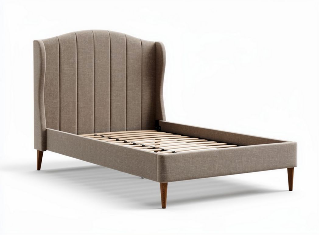 Upholstered bed frame with curved headboard in beige fabric 190 x 120 x 100cm