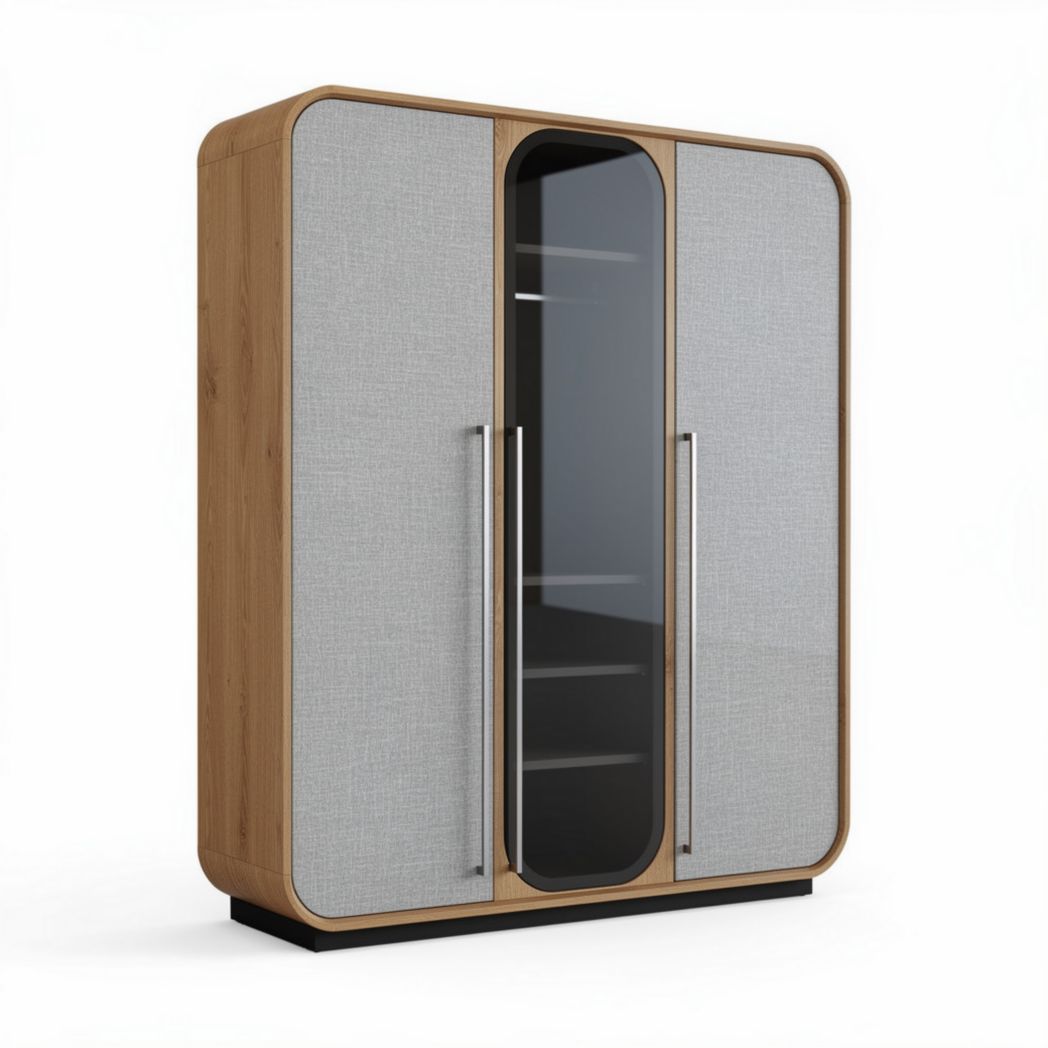 Wooden storage cabinet with glass doors and fabric panels 120 x 40 x 180cm