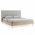 Upholstered platform bed frame with wooden base and grey fabric headboard 200 x 160 x 100cm
