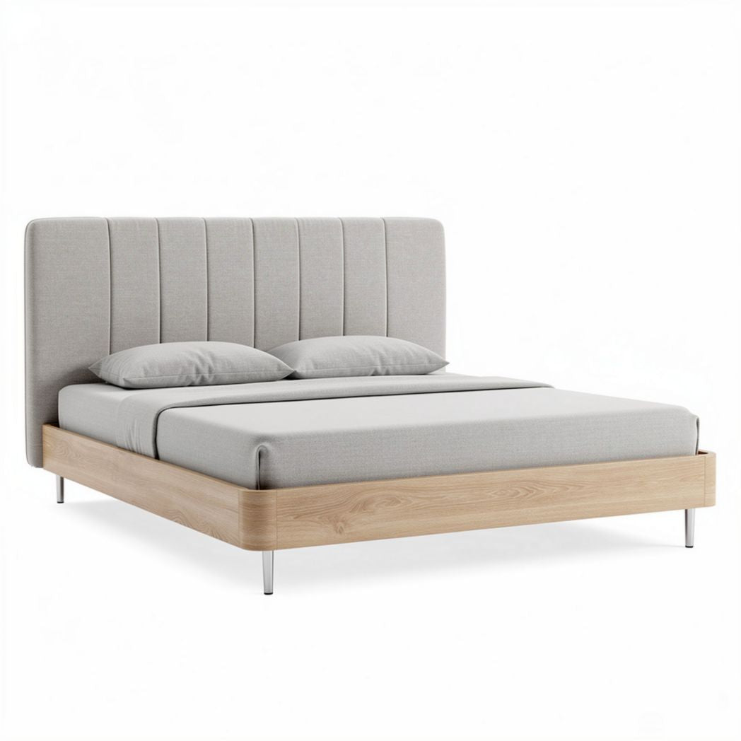 Upholstered platform bed frame with wooden base and grey fabric headboard 200 x 160 x 100cm
