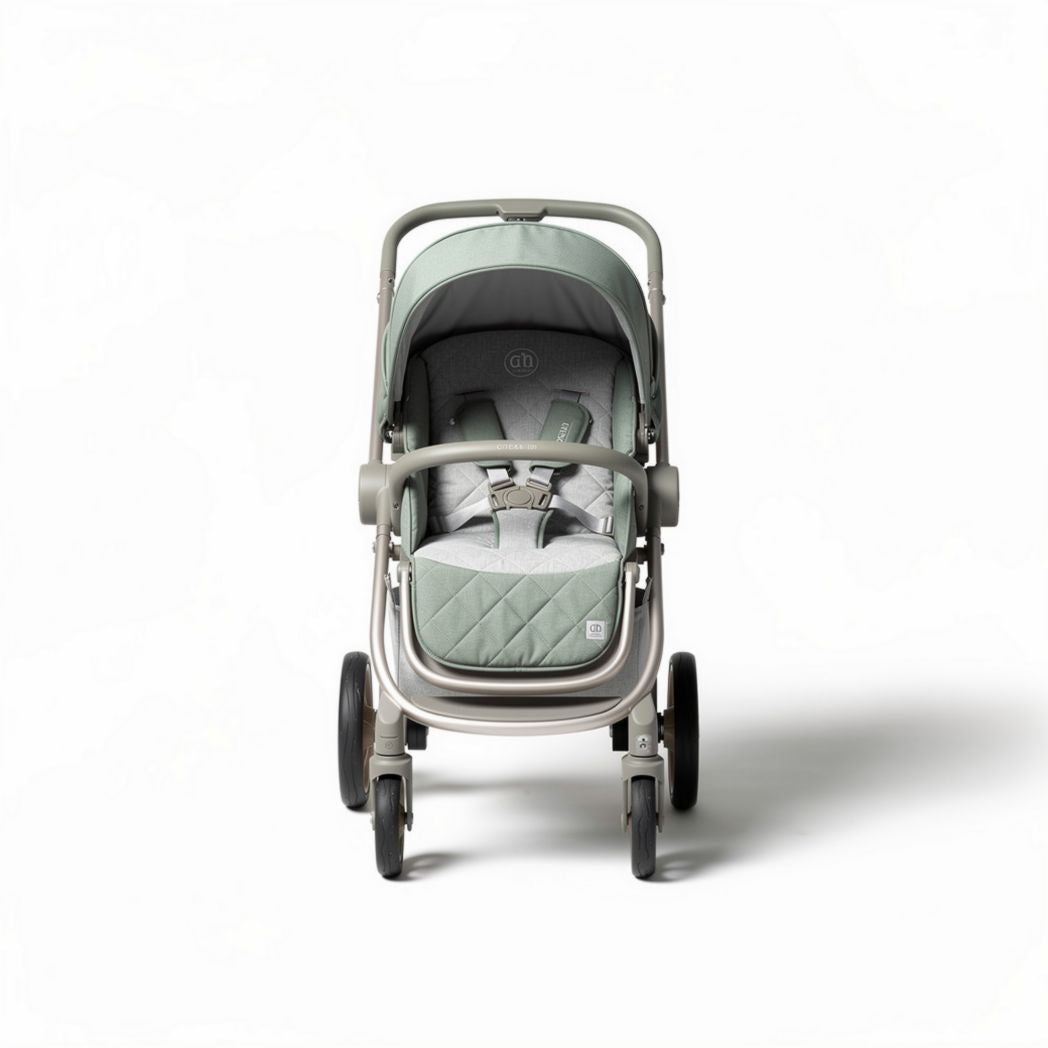 Baby stroller with adjustable seat and safety harness in green fabric