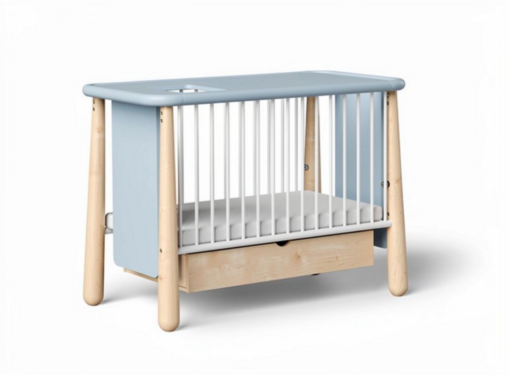 Wooden baby crib with storage drawer in blue and white 110 x 60 x 80cm
