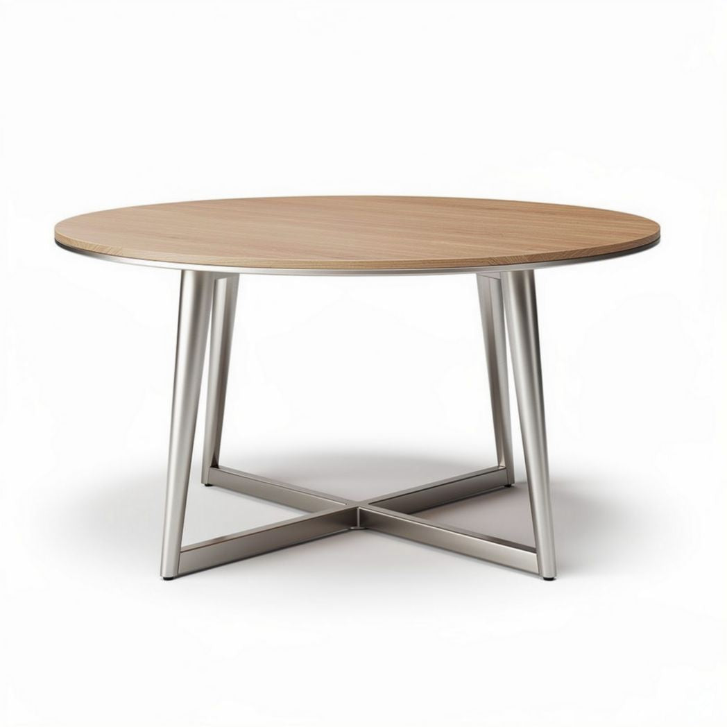 Wooden round dining table with stainless steel base 120cm diameter