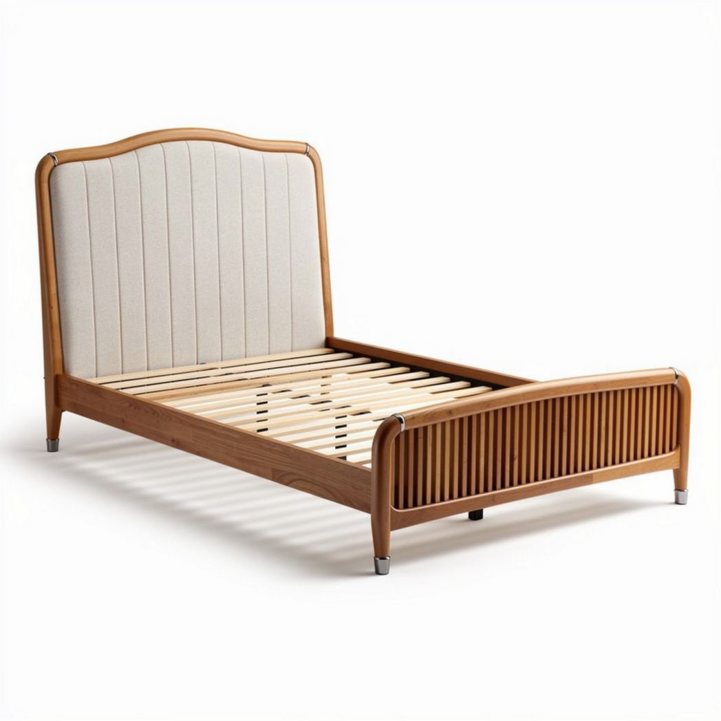 Wooden bed frame with upholstered headboard and slatted base 210 x 150 x 100cm