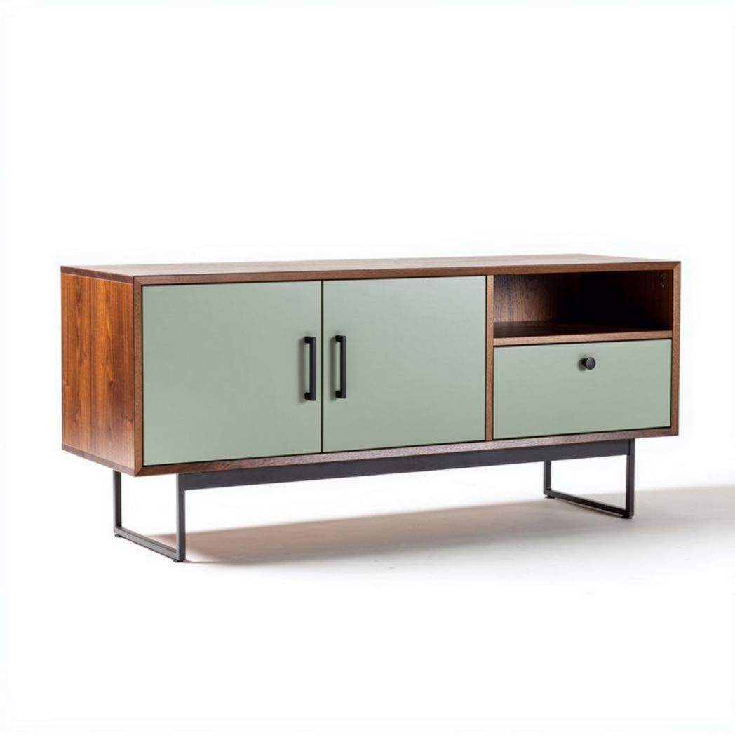 Mid-century modern TV stand with green doors and walnut finish 150 x 45 x 60cm